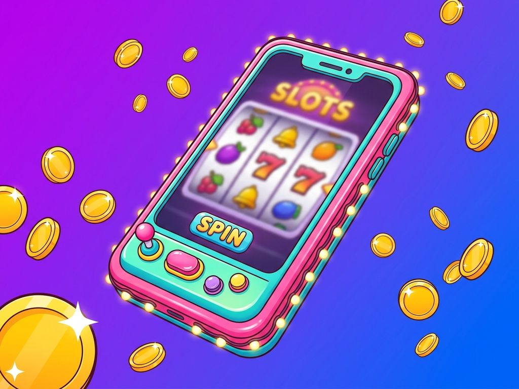 Smartphone displaying glowing slot reels with floating gold coins